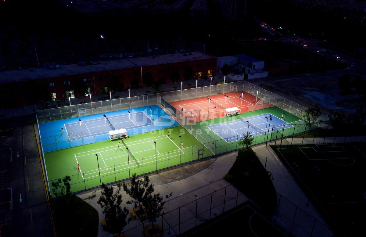 led sport court lighting illuminated colorful tennis court at night