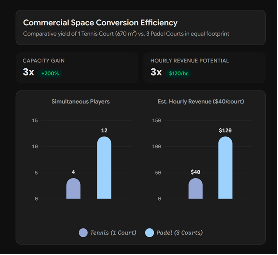 tennis court and padel court capacity comparison chart